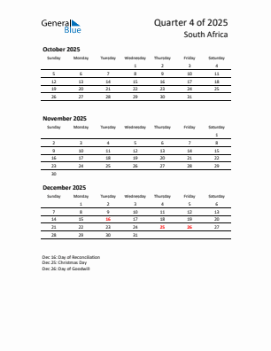 South Africa Quarter 4  2025 calendar template