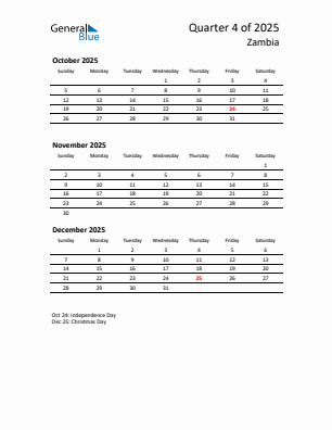 Zambia Quarter 4 2025 calendar template