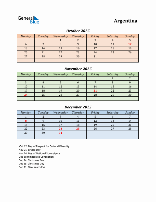 Q4 2025 Holiday Calendar - Argentina