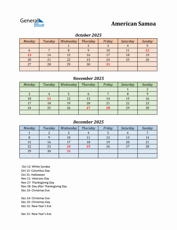 Q4 2025 Holiday Calendar - American Samoa