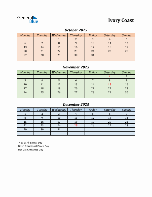 Q4 2025 Holiday Calendar - Ivory Coast