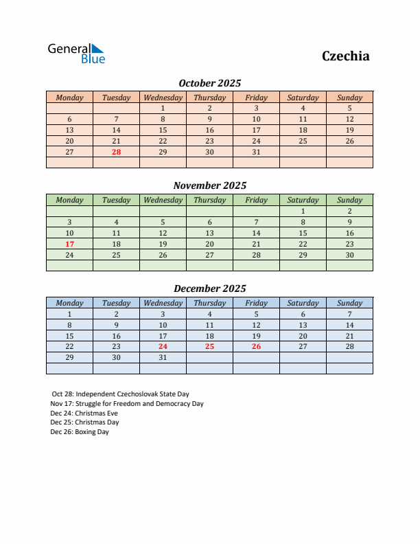 Q4 2025 Holiday Calendar - Czechia
