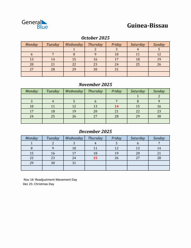 Q4 2025 Holiday Calendar - Guinea-Bissau