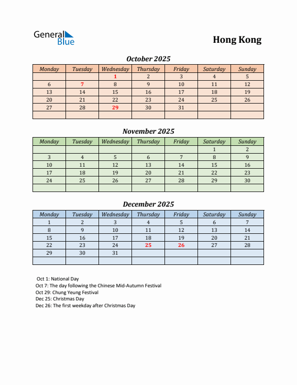 Q4 2025 Holiday Calendar - Hong Kong