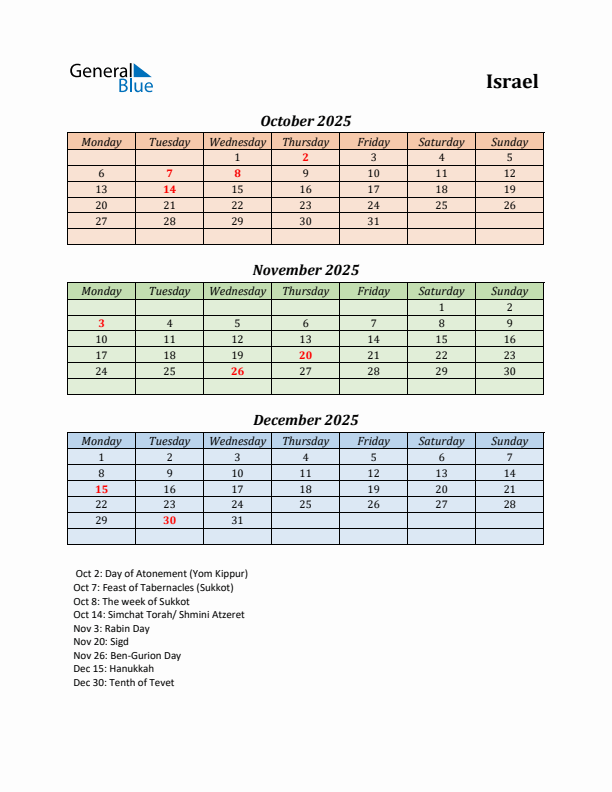 Q4 2025 Holiday Calendar - Israel