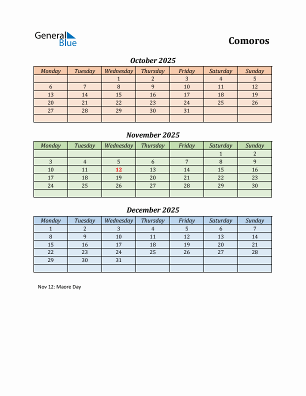 Q4 2025 Holiday Calendar - Comoros