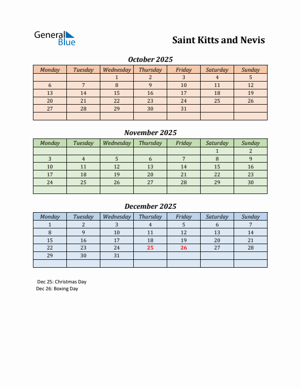 Q4 2025 Holiday Calendar - Saint Kitts and Nevis