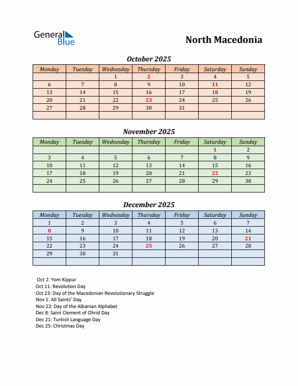 Q4 2025 Holiday Calendar - North Macedonia