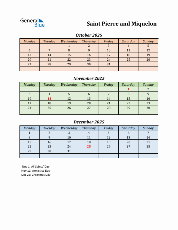 Q4 2025 Holiday Calendar - Saint Pierre and Miquelon
