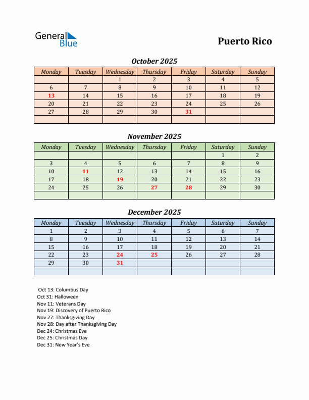 Q4 2025 Holiday Calendar - Puerto Rico