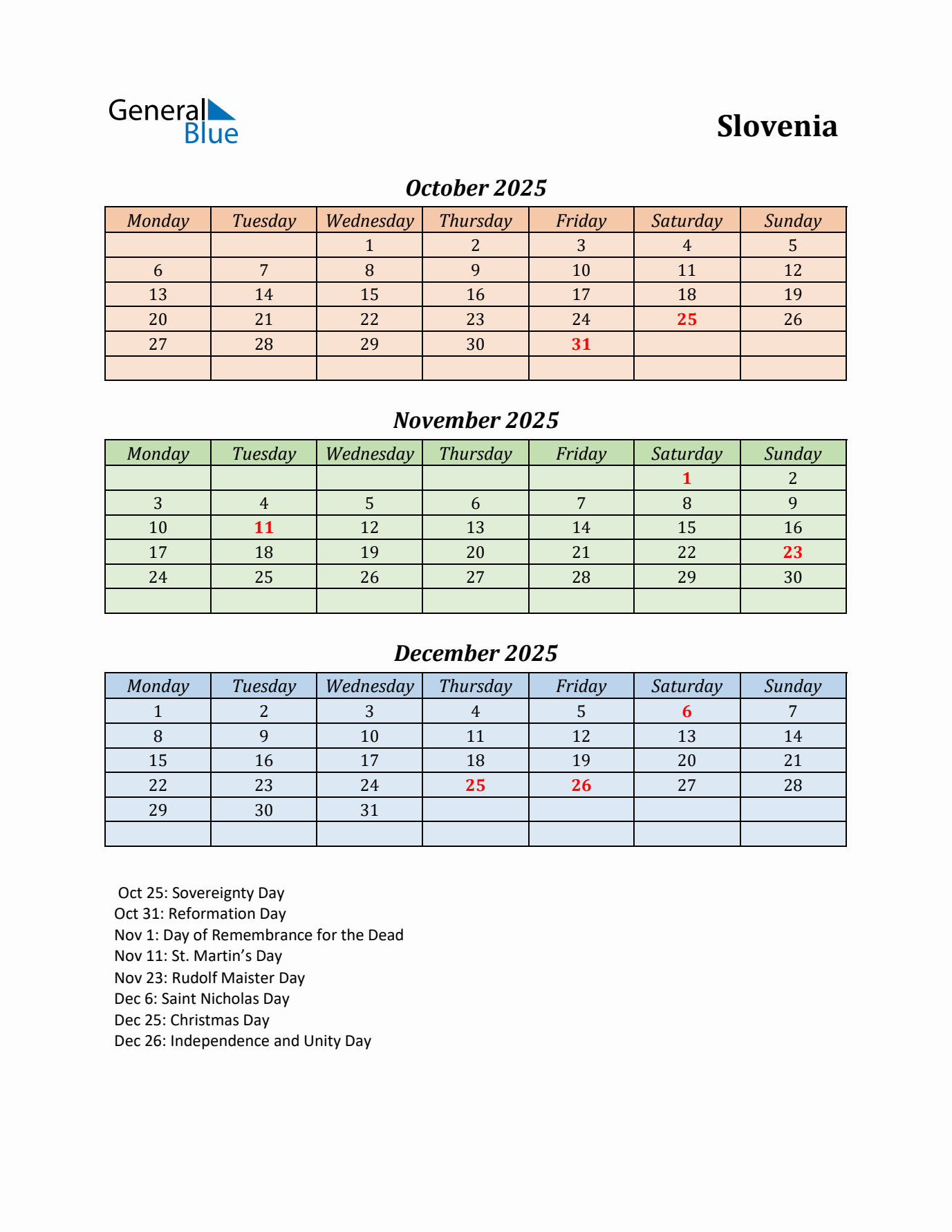 Q4 2025 Holiday Calendar - Slovenia