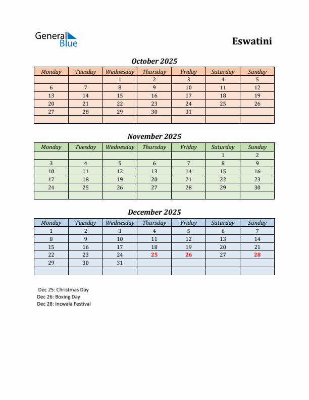 Q4 2025 Holiday Calendar - Eswatini