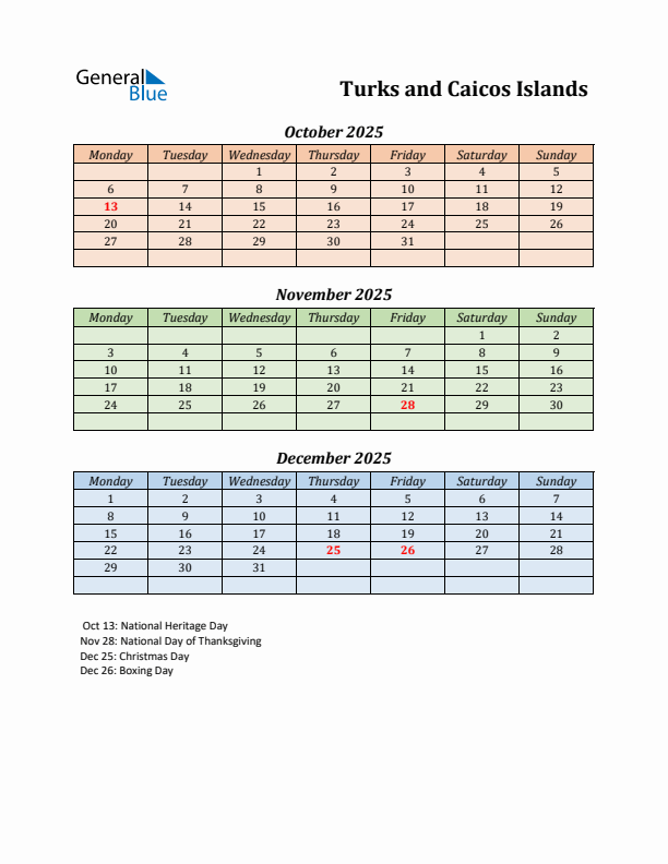 Q4 2025 Holiday Calendar - Turks and Caicos Islands