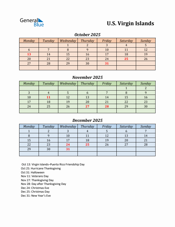 Q4 2025 Holiday Calendar - U.S. Virgin Islands