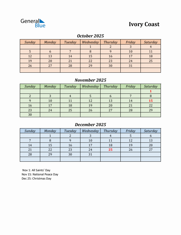Q4 2025 Holiday Calendar - Ivory Coast