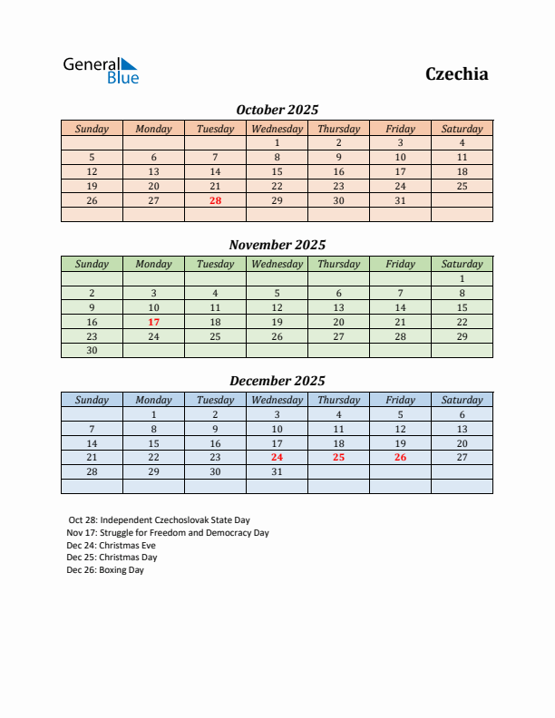 Q4 2025 Holiday Calendar - Czechia