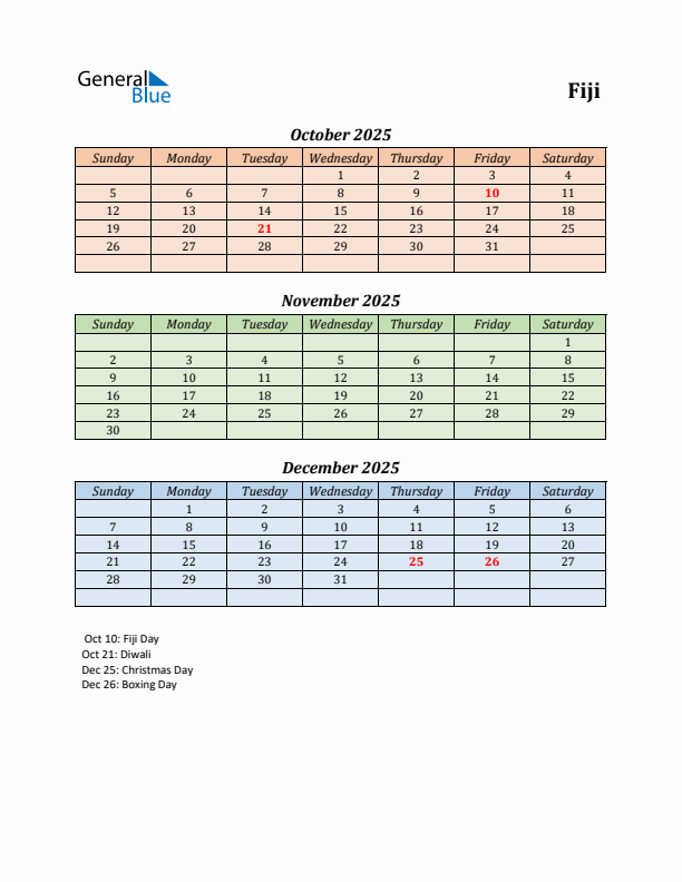 Q4 2025 Holiday Calendar - Fiji
