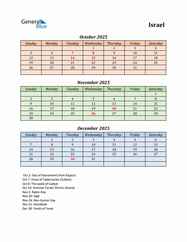 Q4 2025 Holiday Calendar - Israel