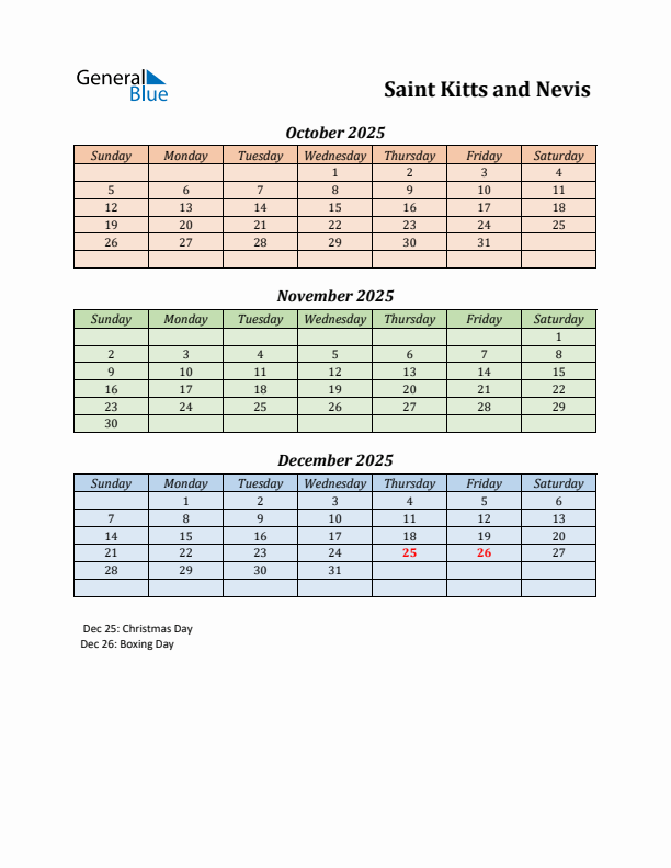 Q4 2025 Holiday Calendar - Saint Kitts and Nevis