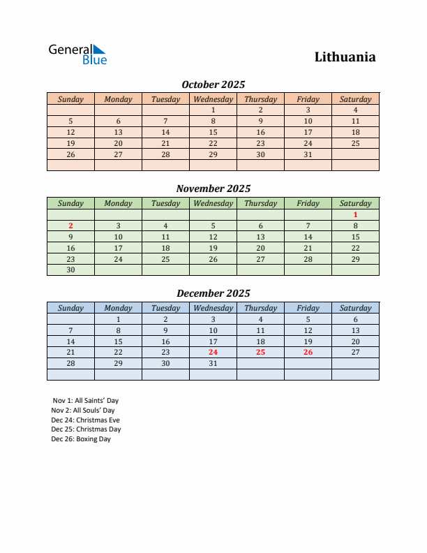 Q4 2025 Holiday Calendar - Lithuania