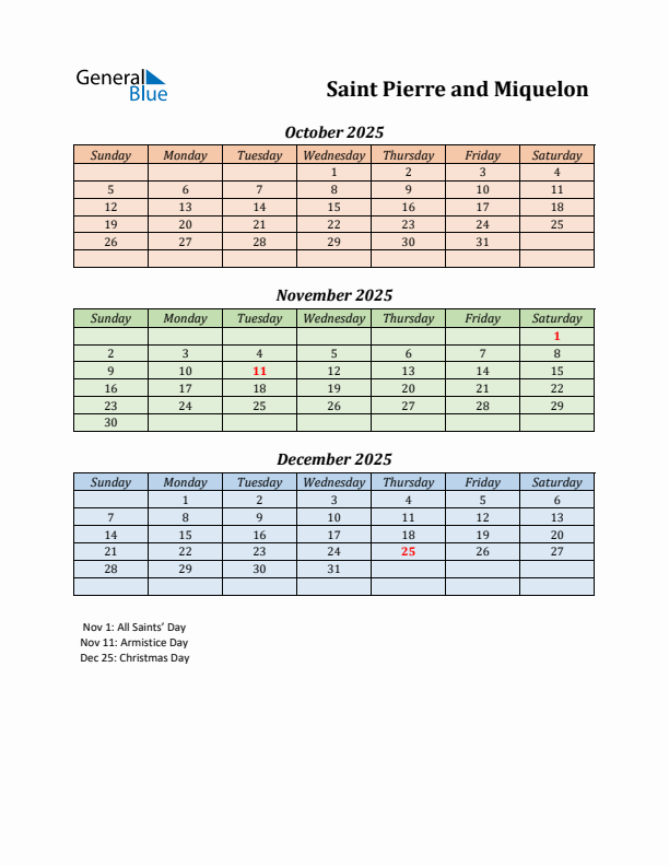 Q4 2025 Holiday Calendar - Saint Pierre and Miquelon