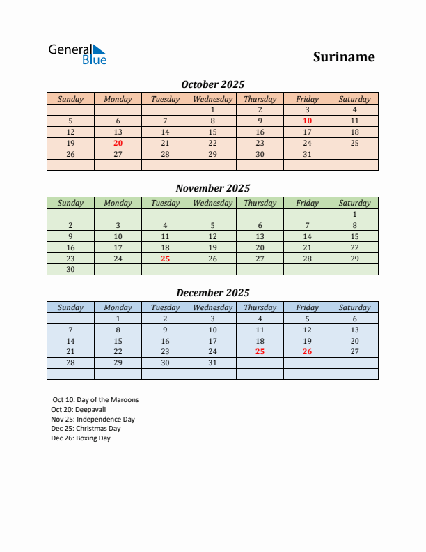 Q4 2025 Holiday Calendar - Suriname