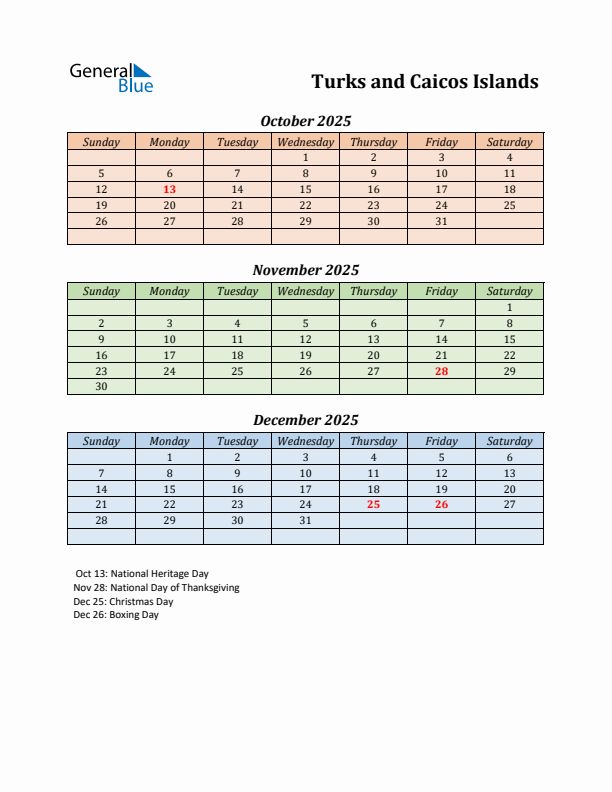 Q4 2025 Holiday Calendar - Turks and Caicos Islands