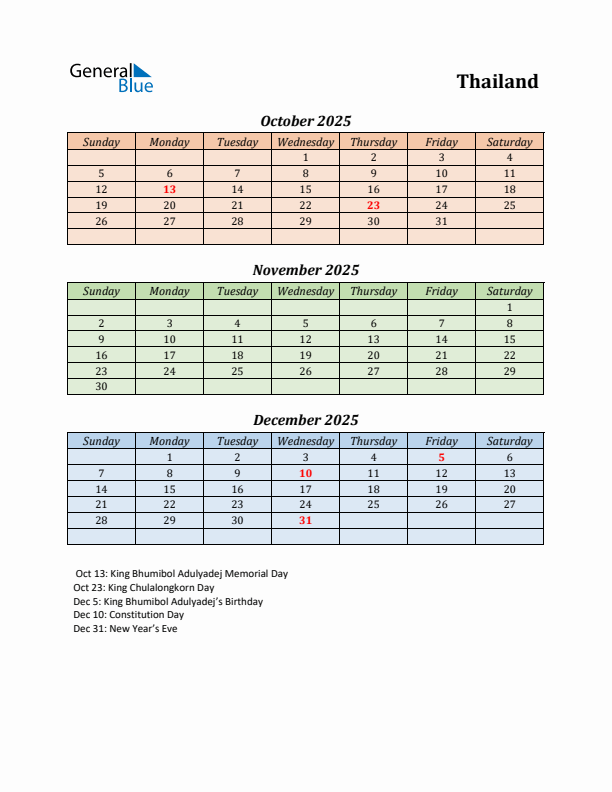 Q4 2025 Holiday Calendar - Thailand