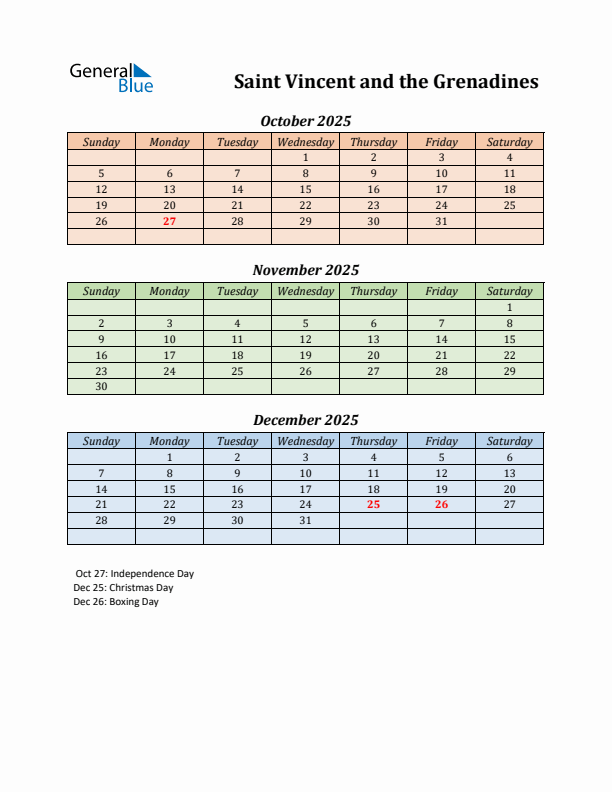 Q4 2025 Holiday Calendar - Saint Vincent and the Grenadines