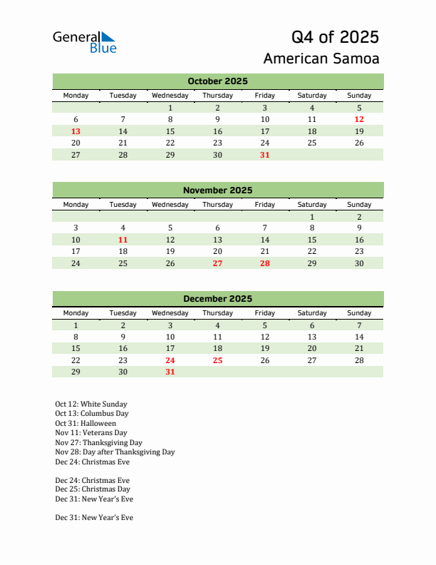 Quarterly Calendar 2025 with American Samoa Holidays
