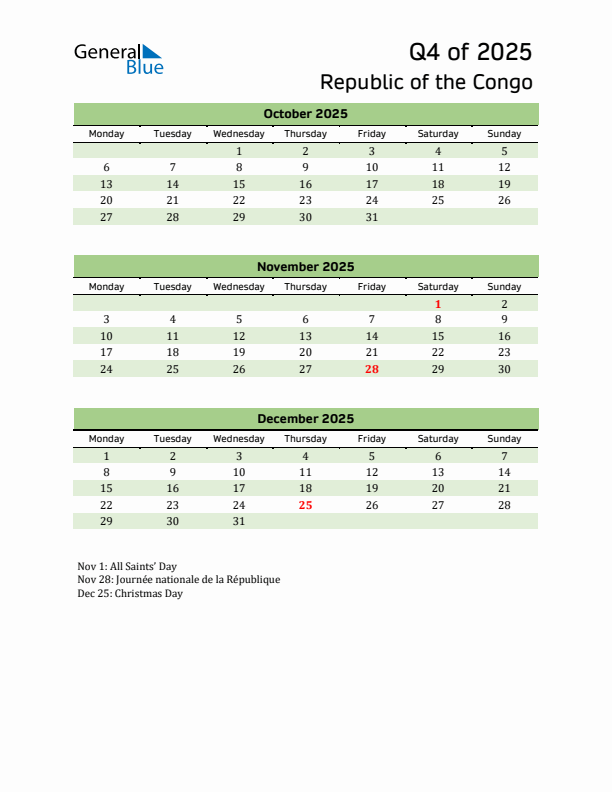 Quarterly Calendar 2025 with Republic of the Congo Holidays