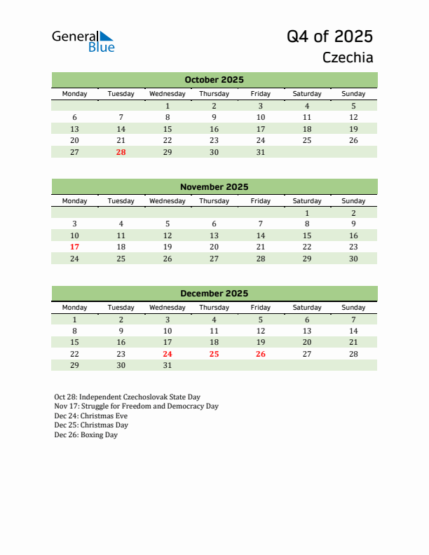 Quarterly Calendar 2025 with Czechia Holidays