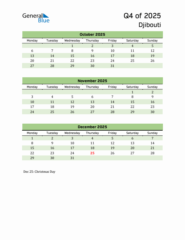 Quarterly Calendar 2025 with Djibouti Holidays