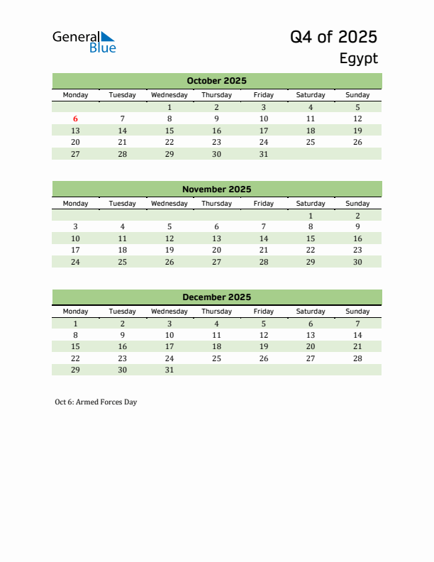 Quarterly Calendar 2025 with Egypt Holidays