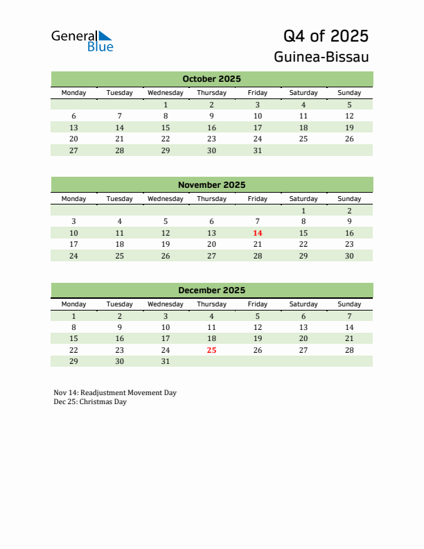 Quarterly Calendar 2025 with Guinea-Bissau Holidays