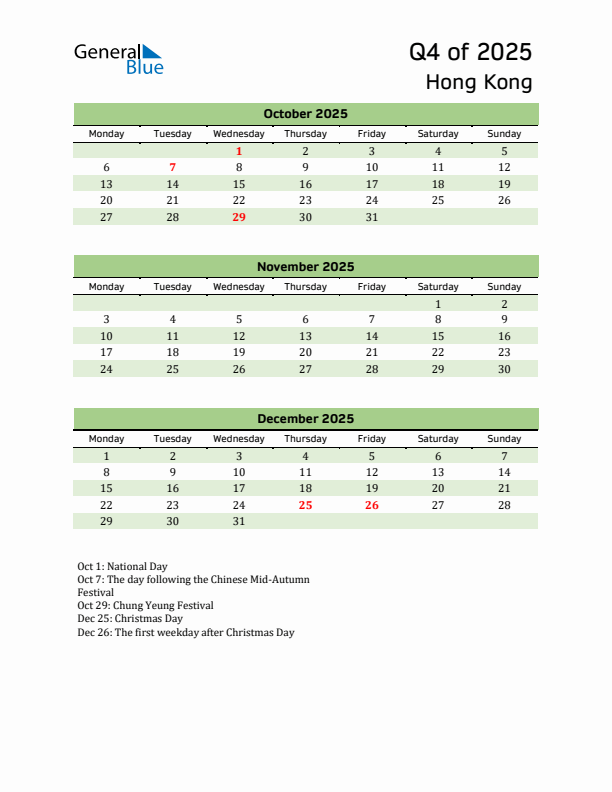 Quarterly Calendar 2025 with Hong Kong Holidays
