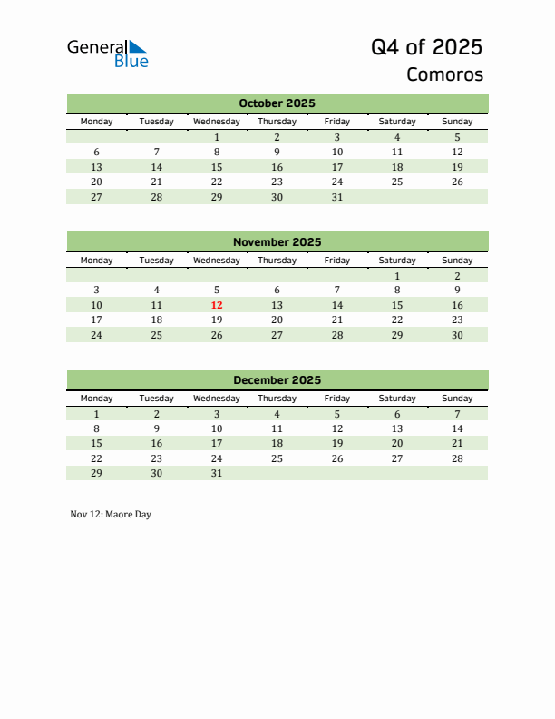 Quarterly Calendar 2025 with Comoros Holidays