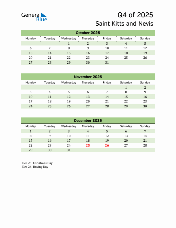 Quarterly Calendar 2025 with Saint Kitts and Nevis Holidays