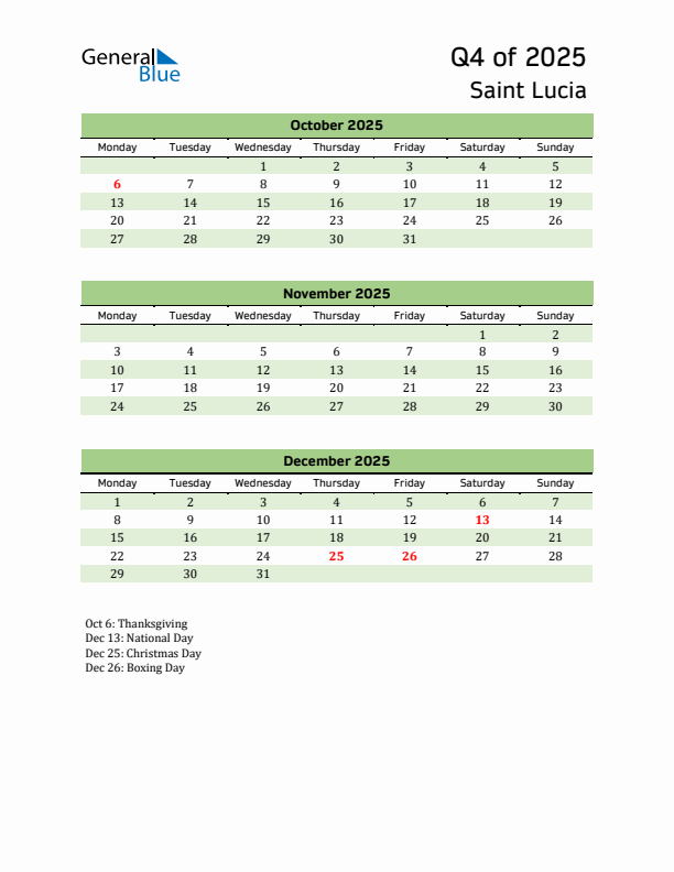Quarterly Calendar 2025 with Saint Lucia Holidays