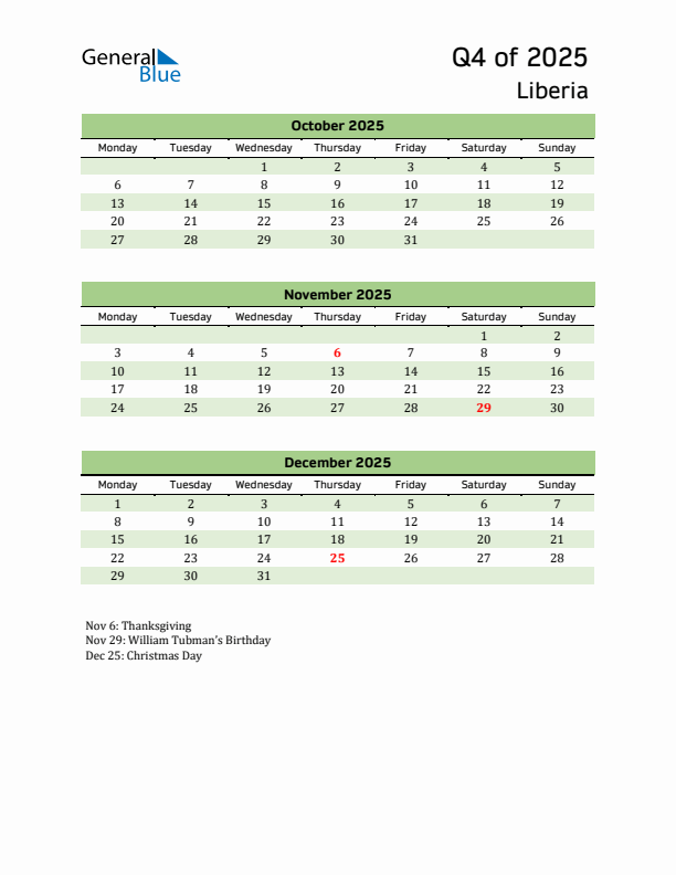 Quarterly Calendar 2025 with Liberia Holidays