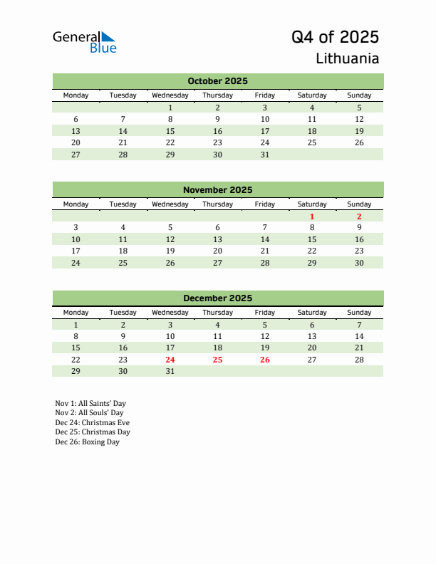 Quarterly Calendar 2025 with Lithuania Holidays