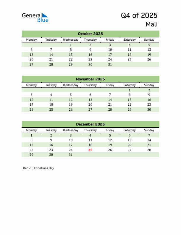 Quarterly Calendar 2025 with Mali Holidays