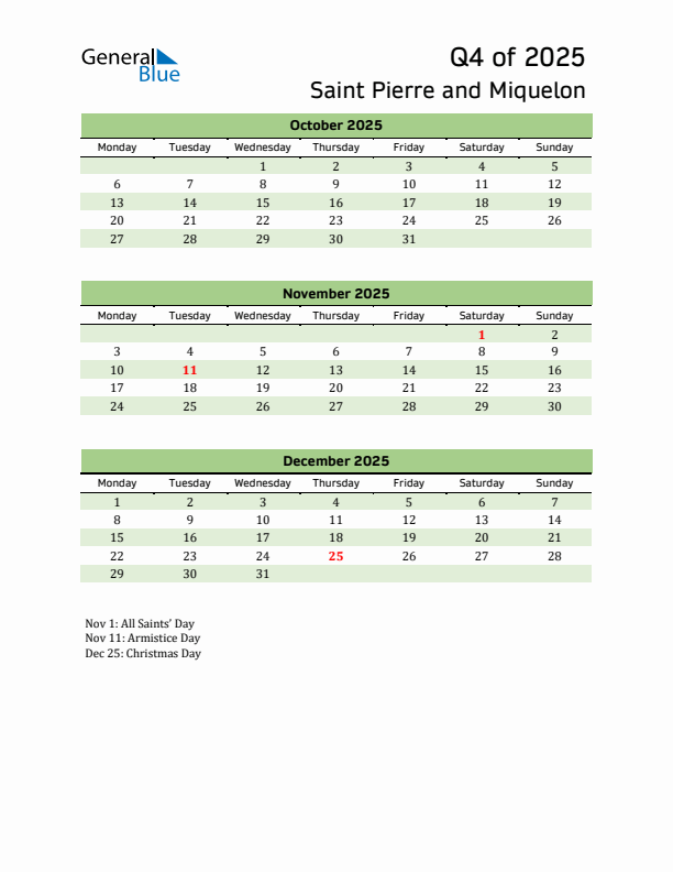 Quarterly Calendar 2025 with Saint Pierre and Miquelon Holidays