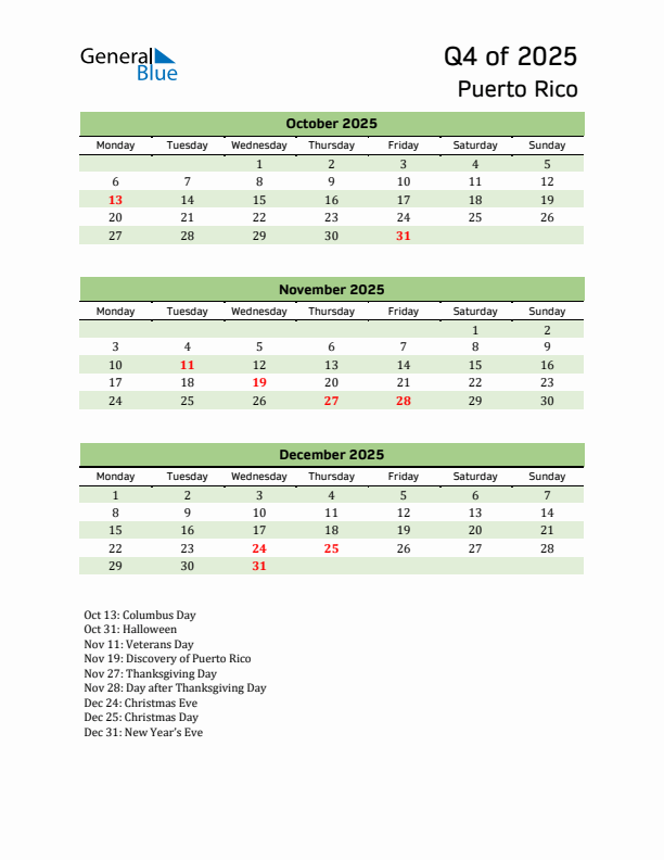 Quarterly Calendar 2025 with Puerto Rico Holidays