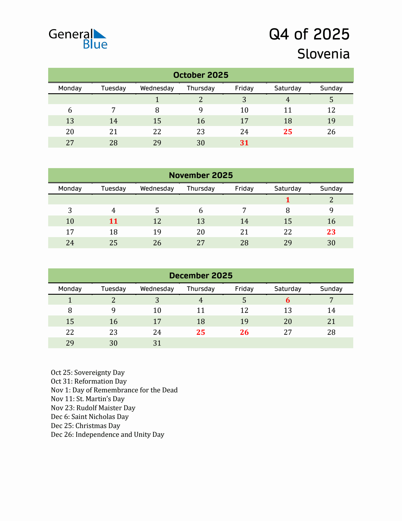 Quarterly Calendar 2025 with Slovenia Holidays