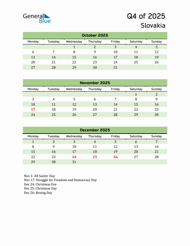 Quarterly Calendar 2025 with Slovakia Holidays