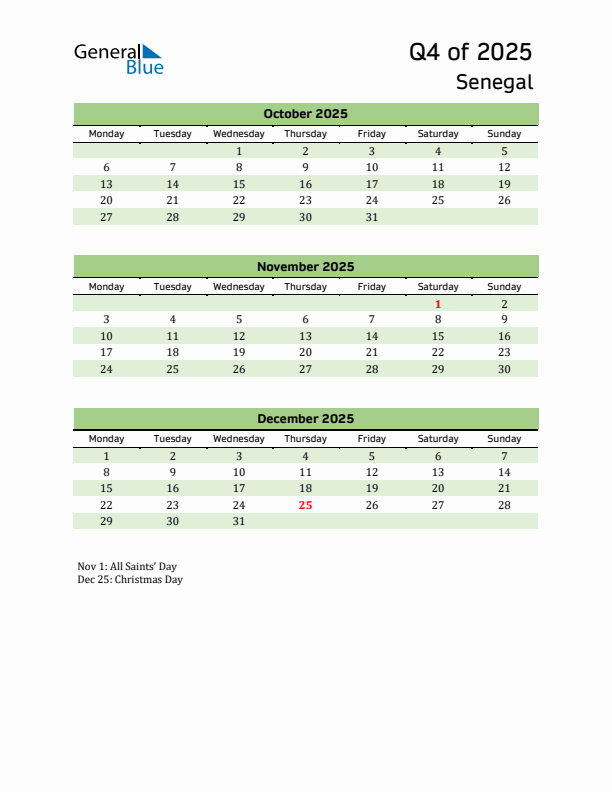 Quarterly Calendar 2025 with Senegal Holidays