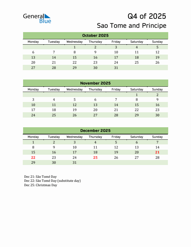 Quarterly Calendar 2025 with Sao Tome and Principe Holidays