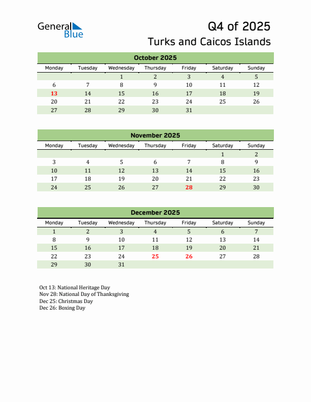 Quarterly Calendar 2025 with Turks and Caicos Islands Holidays