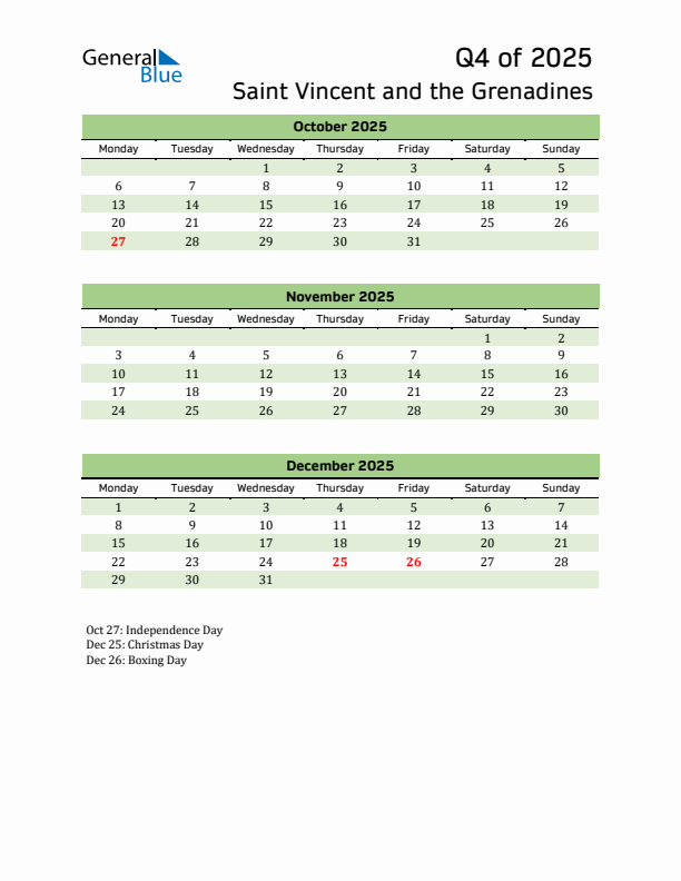Quarterly Calendar 2025 with Saint Vincent and the Grenadines Holidays